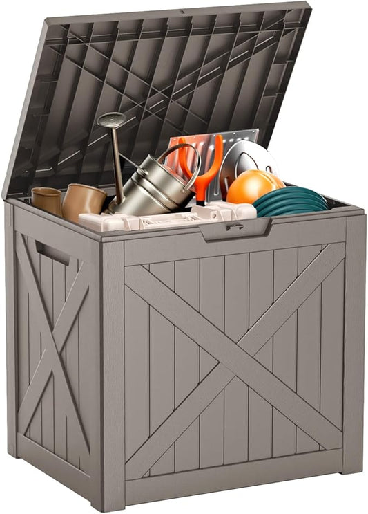 32 Gallon Deck Box Large Outdoor Storage for Patio Furniture,Outdoor Cushions,Garden Tools and Pool Supplies,Waterproof,Resin,Lockable(Grey)