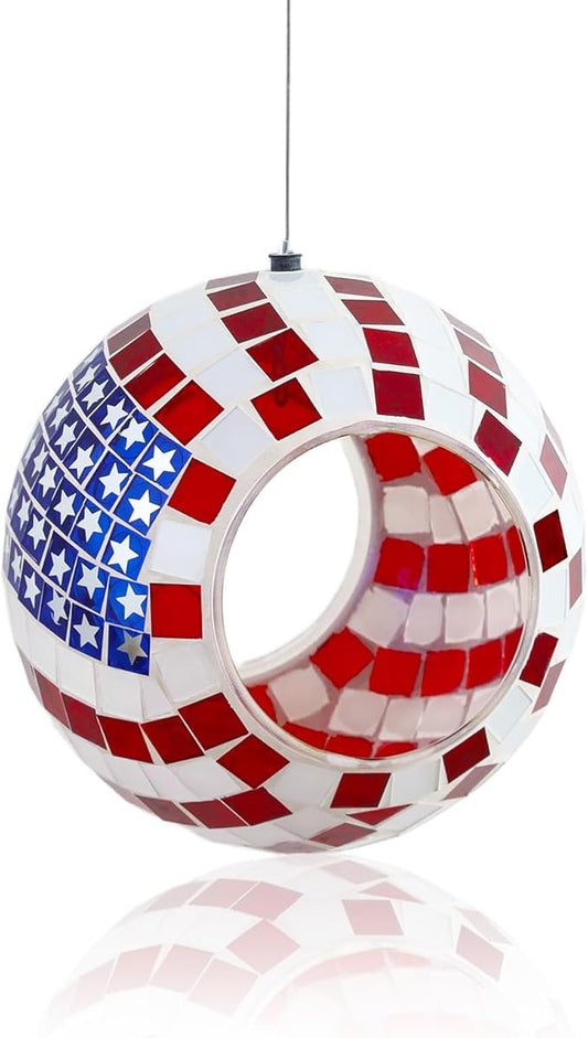 VOREEN Mosaic Bird Feeder, American Flag Design, 6.25" Round Glass Fly-Through Birds Feeder for Outdoor Hanging, Garden, Yard, Backyard, Gift for Mom Wife Friend, 4th of July Decor