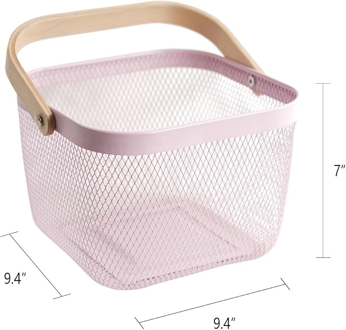 Metal Mesh Steel Harvest Basket, Square Wire Garden Basket with Handle – Multi-Functional Storage Organizer for Gathering Vegetables, Fruits, Kitchen, Garden, Picnic & Cabinet (Pink)