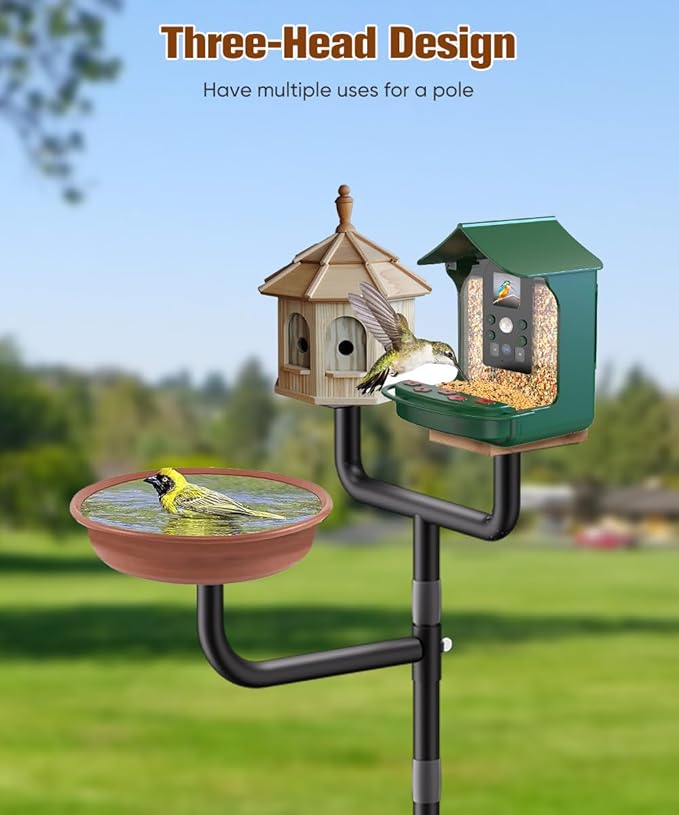 3 Holders Upgrade Bird House Pole with 90inch for Outdoor Bird Feeder Bath, Heavy Duty Adjustable Birdhouse Stand with 4 Plates & 5 Prong Base for Garden, Yard(NO Birdhouse & Birdbath)
