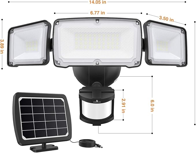 GLORIOUS-LITE Solar Security Lights 2400mAh LED Motion Sensor Light Outdoor, Rechargable 1600lm Solar Flood Light, 5500-6000K, IP 65 Waterproof for Garage, Yard, Porch, Entryways - Black