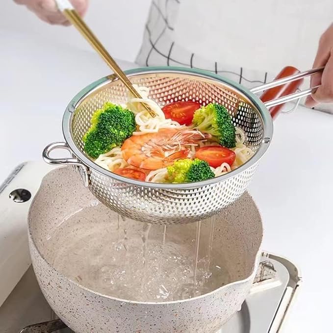 Stainless Steel Basin Colander with Handle Kitchen Strainer, Resting Feet and Colander to Strain, Rinse, Fry, Steam or Cook Vegetables & Pasta & Wash fruits