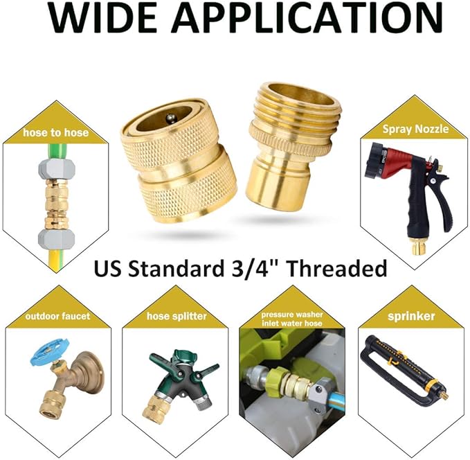 STYDDI Brass Full Flow Garden Hose Quick Release Connect Adaptor Fitting, Full Port Solid Brass Outdoor Water Hose Quick Disconnect Connector Coupler with Male and Female, with 4 Hose Washers - 3 Sets