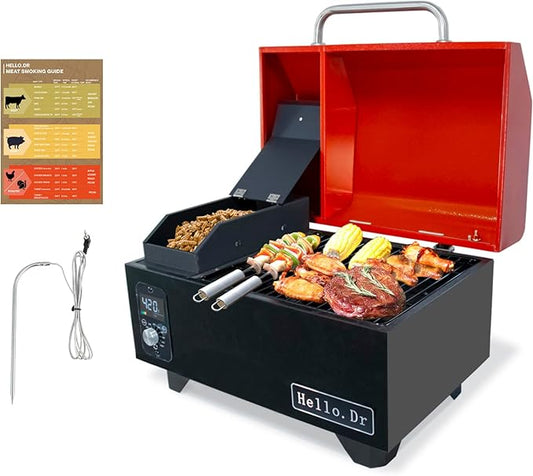 Portable Pellet Grill, Pellet Smoker with Digital Control, LED Screen, Meat Probe,for Outdoor Camping & Backpacking - Lightweight, Stainless Steel - Perfect for Hiking, RV, Red