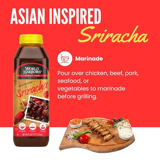 World Harbors Sriracha Hot Sauce & Marinade Perfect for Grilled Meats, Seafood, Dipping, Marinades & Garnishes - Enhance Your Meals with Sriracha Sauce Original Made in USA 16-Fl Oz Bottle (Pack of 2)