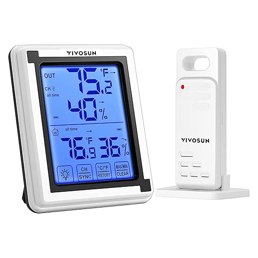 VIVOSUN Indoor Outdoor Thermometer Wireless Digital Hygrometer Temperature and Humidity Monitor with Touchscreen LCD Backlight, 200ft/60m Range, Battery Included