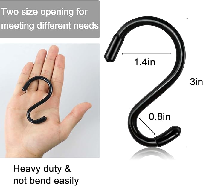 24 Pack 3 Inch S Hooks for Hanging Plants, Small Heavy Duty Vinyl Coated Non-Slip Black Hooks, Pot Rack Closet Hooks for Clothes, Kitchen Utensils, Pots, Pans, Bags