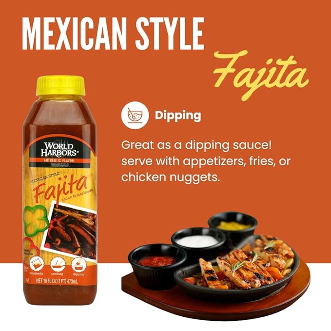 World Harbors Mexican Style Fajita Marinade Pure Mexican Flavors | Perfect for Fajita Meat, Fajita Chicken, and Fajita Veggies. Grill Master's Secret for Fajitas Made in USA 16-Fl Oz (Pack of 2)