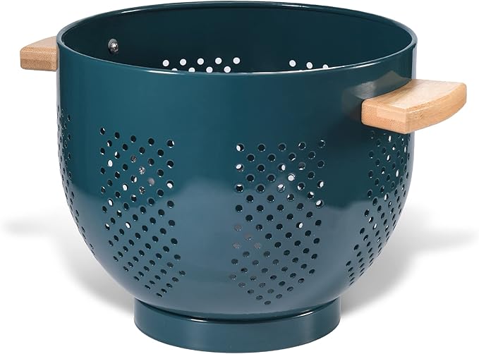Metal Colander with Wood Handle, Powder Coated Steel Large Kitchen Strainer Stable Base,(Green, 5.5QT)