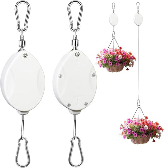 2Pcs Upgraded Heavy Duty Retractable Plant Hanger,Plant Pulleys for Hanging Plants,Easy to Raise and Lower,Auto Lock,Adjustable Hook for Garden Baskets Pots,Birds Feeder and Wind Chime,White