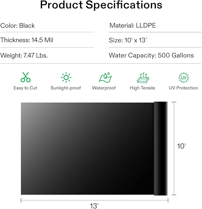 VIVOSUN 10 x 13 Feet Pond Liner, 14.5 Mil Durable LLDPE Pond Liners for Koi Ponds, Aquaculture and Water Gardens, Black