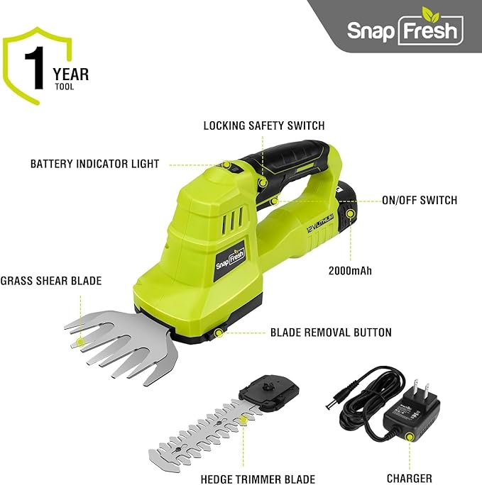 SnapFresh 12V Cordless Grass Shears, 2 in 1 Hedge Trimmer/Grass Cutter with 2.0Ah Battery & Charger Included, Lightweight Electric Shrubbery Trimmer Garden Tools for Lawn