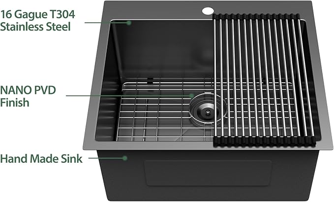 25 x 22 Inch Black Drop In Laundry Sink Topmount NANO PVD 16 Gauge Stainless Steel Single Bowl Large Deep Kitchen Sinks Basin 25"x22"x12"