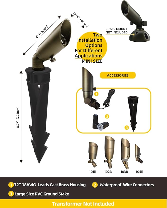 COLOER Mini Size Die-cast Brass Landscape SpotLights Outdoor, 12Volt AC/DC Low Voltage Landscape Lights Fixture,IP65 Waterproof Trees Directional Spot Up Light(104B, Bronze, 12-Pack Without Bulb)