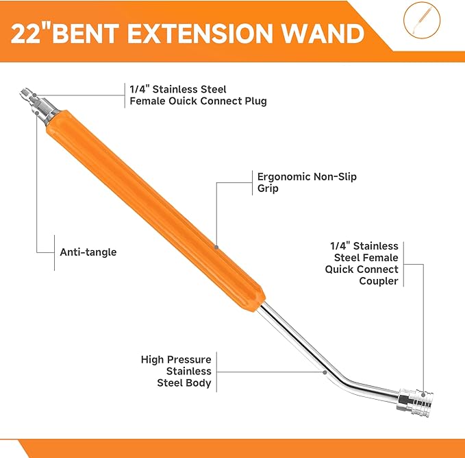 22" Pressure Washer Extension Wand/bend,Stainless Steel 1/4"Quick Connect Power Washer Lance,Short power Washer Wand Replacement For Car Wash,Pressure Washer Accessories