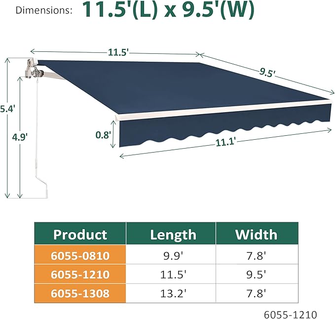 MCombo 11.5x9.5 Feet Manual Retractable Patio Door Window Awning Sunshade Shelter Outdoor Canopy, 1210 (Dark Blue, 11.5'(L) x 9.5'(W))