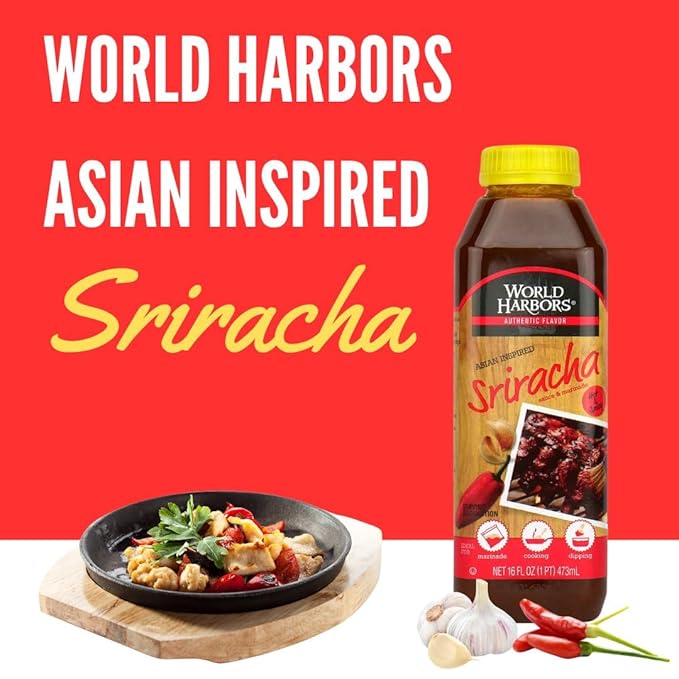 World Harbors Sriracha Hot Sauce & Marinade Perfect for Grilled Meats, Seafood, Dipping, Marinades & Garnishes - Enhance Your Meals with Sriracha Sauce Original Made in USA 16-Fl Oz Bottle (Pack of 2)