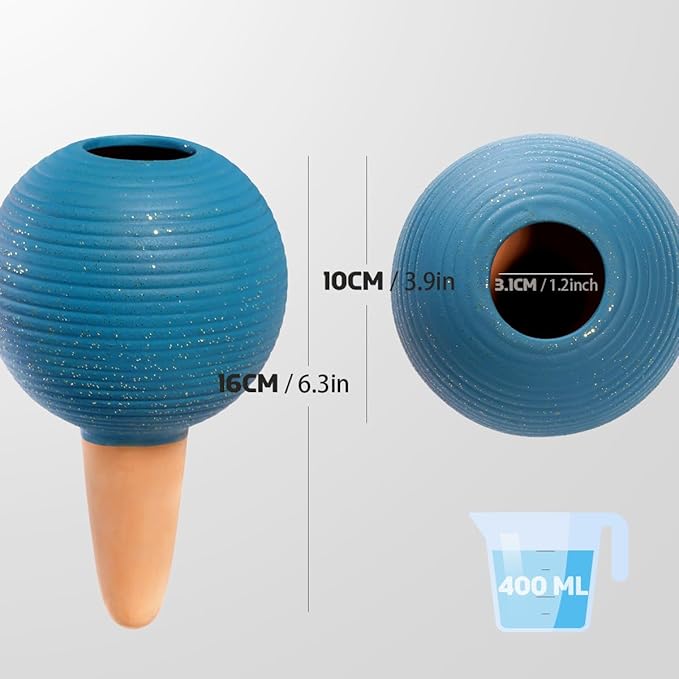 Plant Watering Globes Set of 4, 14oz Terracotta Self-Watering Globes for PottedPlants, Watering Planter Insert Bulbs with Cork Stoppers, Automatic Watering Spikes for Indoor&Outdoor Plants, Blue