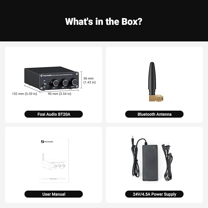 Fosi Audio BT20A Bluetooth Stereo Amplifier, 2 Channel Home Audio Component Amplifiers for Passive Speakers, Mini Class D Amp Receiver 200W for Indoor/Outdoor/Garage/Ceiling/Bookshelf Speaker