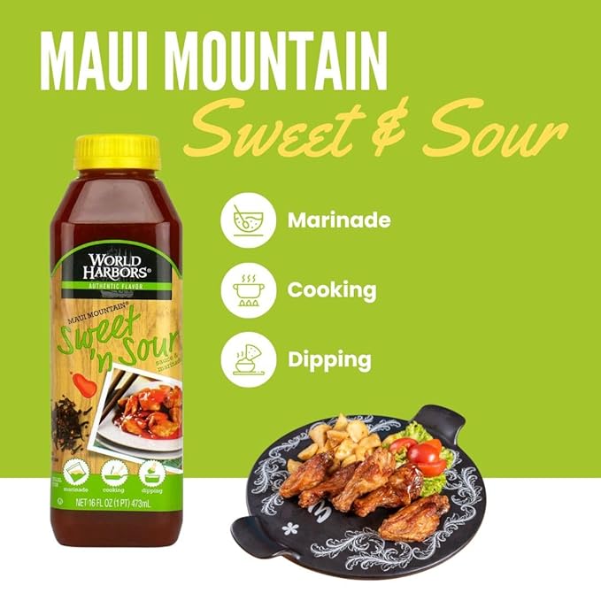 World Harbors Maui Sweet and Sour Sauce - Hawaii Style Perfect for Dipping, Dumplings, Chicken Nuggets, Various Meats Including Beef, Pork, Seafood & Vegetable Made in USA 16-Fl Oz Bottles (Pack of 2)