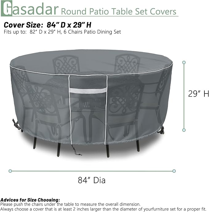 Gasadar Round Patio Furniture Covers Waterproof, Round Outdoor Furniture Cover for Patio Table and Chairs Set, Heavy Duty 600D, 84" Dia x 28" H, Grey