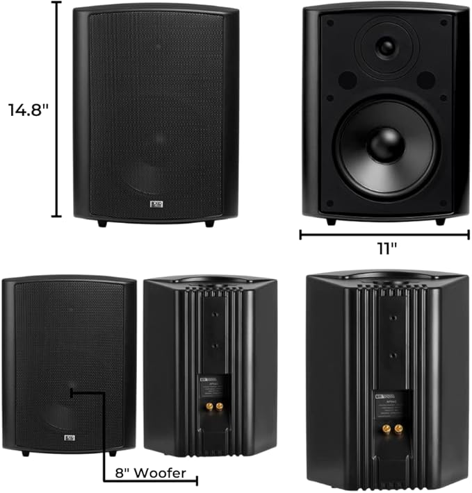 OSD Audio 8" Outdoor Patio Speaker Pair, Weatherproof IP54 Rated Aluminum Grilles, Black AP840