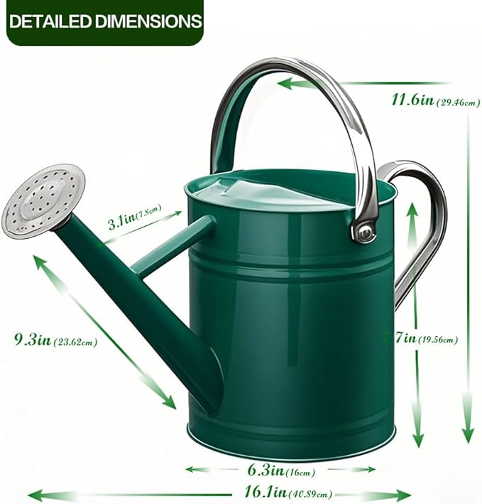 Metal Watering Can for Outdoor and Indoor Plants, Watering Can Decor, 1 Gallon (Green Stainless Steel Handle)