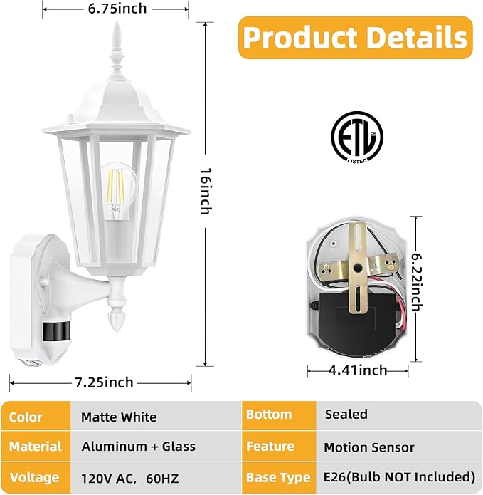 Lamomo 2 Pack Motion Sensor Outdoor Lights, Upgrade Dusk to Dawn White Outdoor Light Fixtures Wall Mounted, 100% Anti-Rust Aluminum Waterproof Porch Lights for Patio Front Door Garage