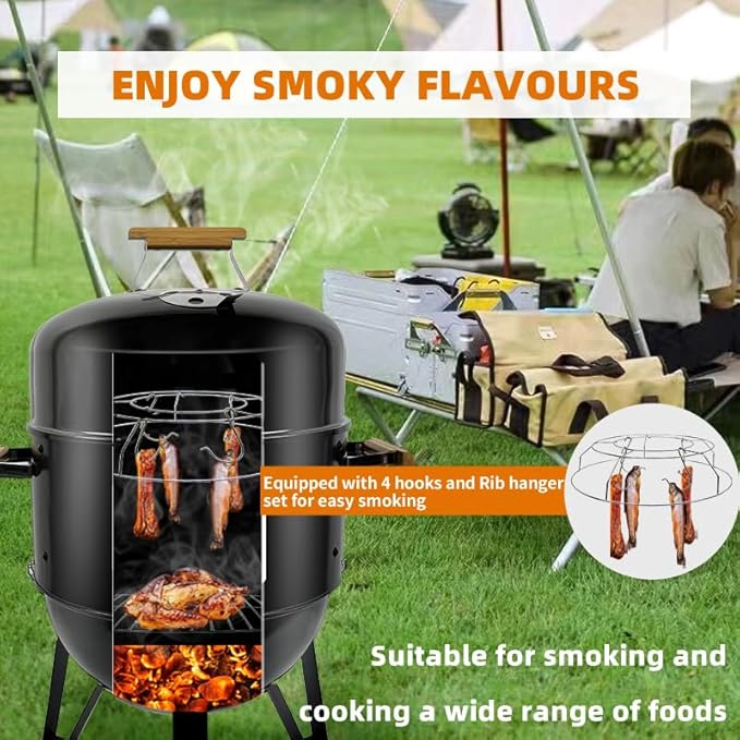 17 Inch Full enameled Multi -purpose Smoke BBQ Table-top barbecue grill Adjustable Temperature Vertical Heavy Duty Firepit and Pizza oven in yard double cooking area