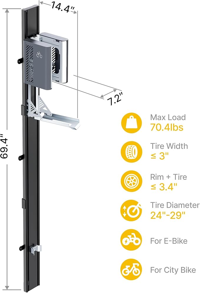 monTEK Automatic Lift EBike Rack – Fits 24-29" Tires, Heavy-Duty Vertical Wall Rack for Bicycles (Up to 71 lbs) - Effortless Lifting, Easy Install - Space-Saving Storage for Garage, Shed, BG