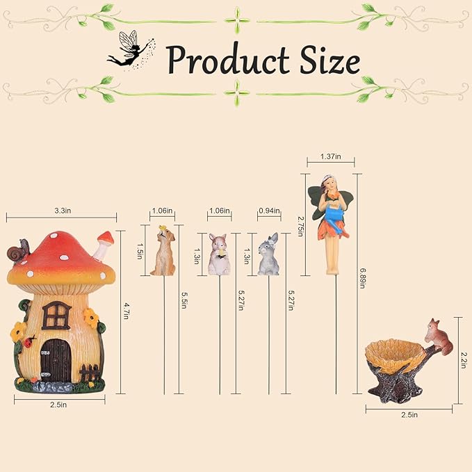 MEETYAMOR Miniature Fairy Garden Accessories, 6 PCS Mushroom House Kit with Mini Resin Animals, Whimsical Ornaments Outdoor Figurines Yard Art Garden Decor for Outside