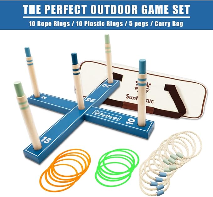 Wooden Ring Toss Game Set, Backyard Beach Camping Game with Toss Rings & Portable Carrying Bag, Outdoor Lawn & Yard Games for Kids, Adults & Family