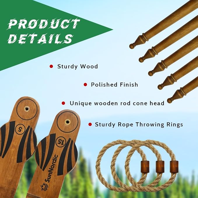 Wooden Ring Toss Game Set, Backyard Beach Camping Game with Toss Rings & Portable Carrying Bag, Outdoor Lawn & Yard Games for Kids, Adults & Family