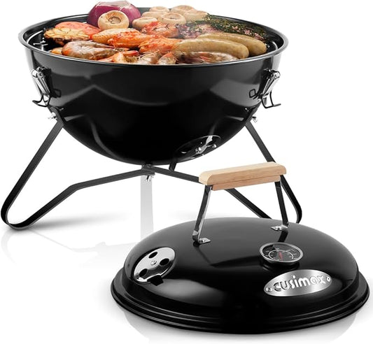 Charcoal Grill, CUSIMAX 14.5'' Portable BBQ Grill, Outdoor Mini Grill, Lid with Integrated Thermometer and Wooden Handle, Tabletop Grill for Camping Backyard and Anywhere Outdoor Cooking, Black