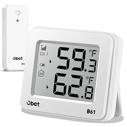 OBET Outdoor Thermometer Wireless Indoor Outdoor Digital Thermometer Greenhouse Thermometer Remote Temperature Monitor for House Home Room Patio B61-White