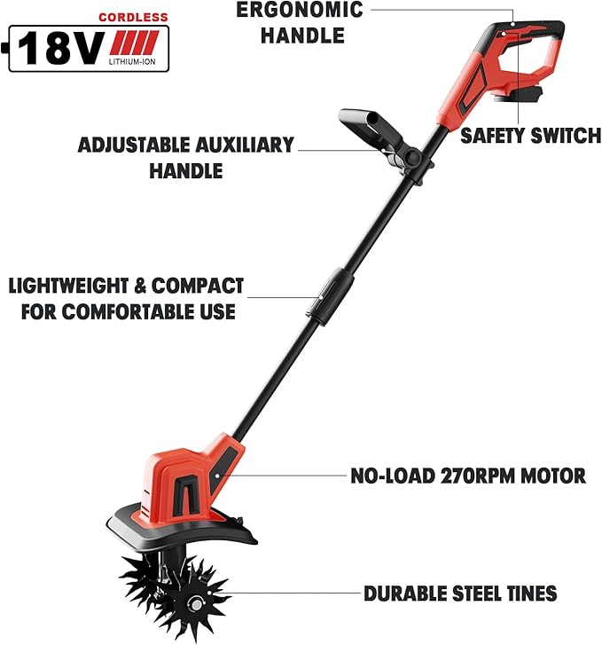 MaxMore Cordless Tiller Cultivator Compatible with Milwaukee 18V Battery (Tool Only), Electric Garden Rototiller with 48 Steel Tines, 270RPM, 8.7" Tilling Width, 6.3" Depth for Gardening, Soil Turning