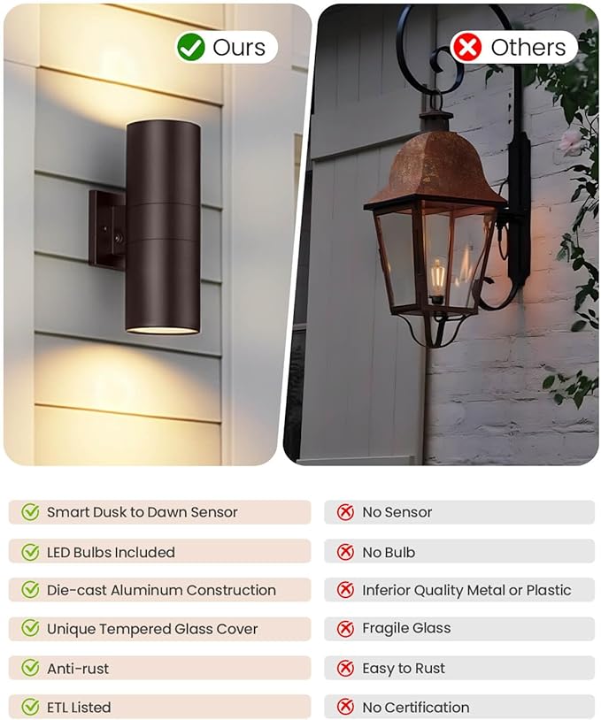 SHIMR Dusk to Dawn Modern Outdoor Wall Light with Oil Rubbed Bronze Finish, Cylinder Outdoor Sconce Lights Up Down Lights Outside for House Patio Garage [ETL Listed]
