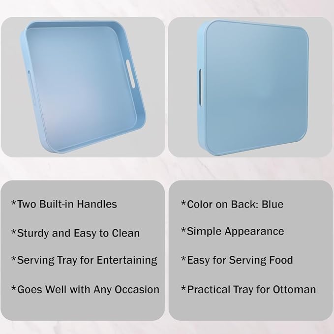Square Blue Decorative Serving Tray with Handles, Versatile Ottoman Tray for Coffee Table, Entertaining, Outdoor Patio, Living Room, 13”*13”*1.6”
