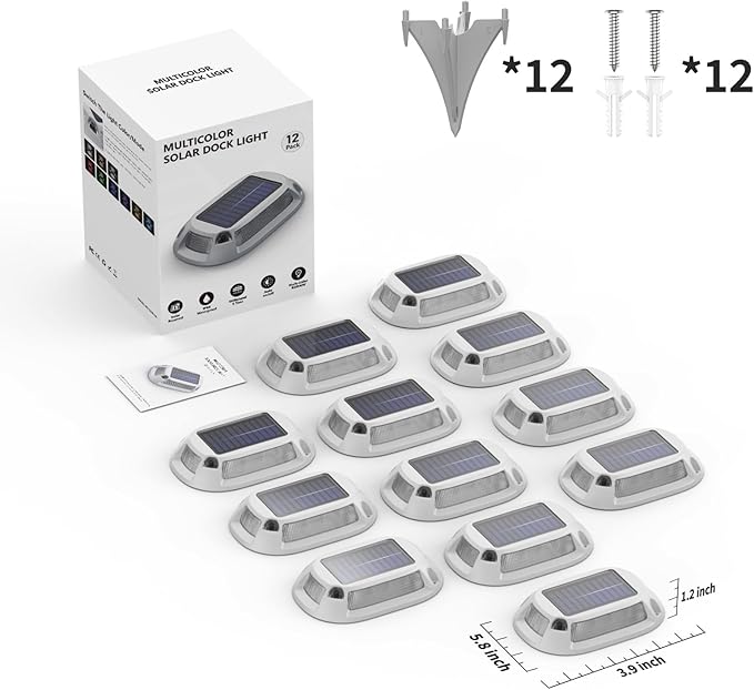 12Pack Aluminum Alloy Solar Driveway Lights, IP68 Solar Deck Light Marine Dock Lights Outdoor Waterproof, Multi-color LED Driveway Markers for Walkway, Path Decor [12Modes - Strobe/RGB/Fix-color]