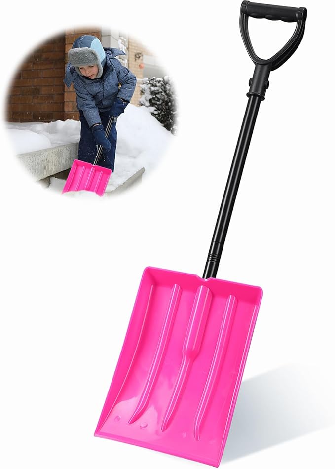 Kids Snow Shovel, Durable Thick Plastic Blade with Metal Handle, Comfort D-Grip, 32inch Snow Shovel for Kids Age 3-12 (Pink)