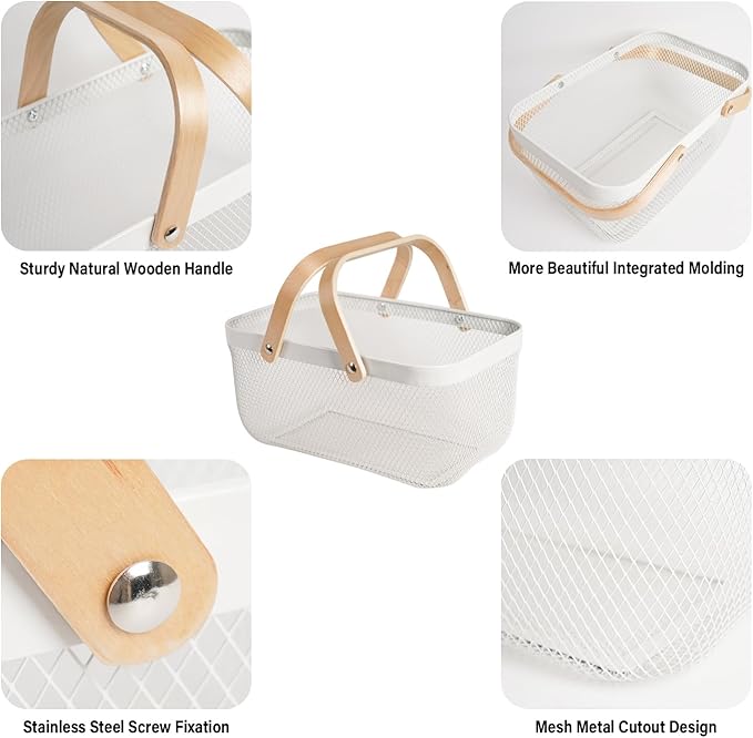 Metal Mesh Steel Harvest Basket, Rectangle Wire Garden Basket with Handle – Multi-functional Storage Organizer for Gathering Vegetables, Fruits, Kitchen, Garden, Picnic & Cabinet (Ivory)