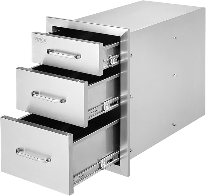 VEVOR 14x20.3 Inch Outdoor Kitchen Drawers Stainless Steel, Flush Mount Triple Drawer, 14W x 20.3H x 23D Inch, with Stainless Steel Handle, BBQ Drawers for Outdoor Kitchens or BBQ Island