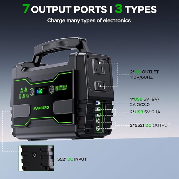 MARBERO Portable Power Station 155Wh Camping Solar Generator 100W with AC DC and USB Outputs LED Fast Charge for Outdoor Adventure Hiking RV Home Blackout Backup CPAP Emergency (Solar Panel Optional)