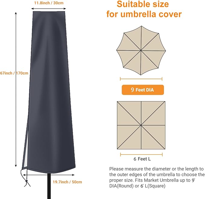 OKPOW Outdoor Umbrella Cover - Small Patio Cover for 6 ft to 9 ft Table Umbrellas - Waterproof Windproof Anti-UV Garden Parasol Covers, Dark Grey
