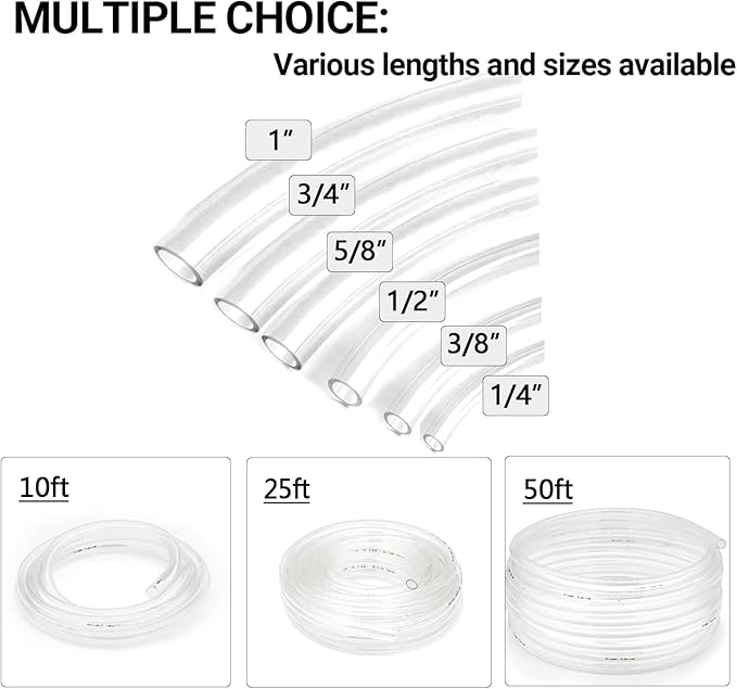 1’’ ID × 1-1/4’’ OD - 50 ft Clear Plastic Vinyl Tubing, Flexible PVC Hose Lightweight Non-Toxic vinyl Tube for Transfer Water Air Oil