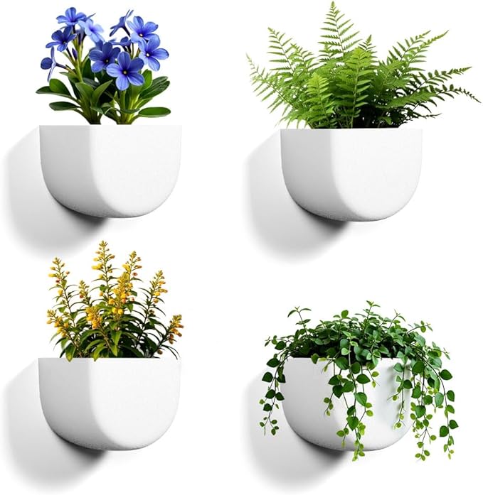 2 Pack Wall Hanging Planter Pots for Indoor and Outdoor Plants, 7 Inch Half-Moon-Shaped Plastic Wall Planter, Wall Mounted Succulent Planters (White)