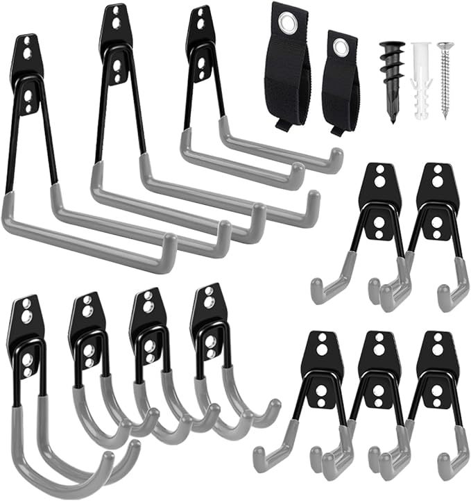 Garage Hooks Heavy Duty 14 Pack, Steel Garage Storage Hooks, Tool Hangers for Garage Wall Utility Wall Mount Garage Hooks and Hangers with Anti-slip Coating for Garden Tools, Ladders, Bulky Items