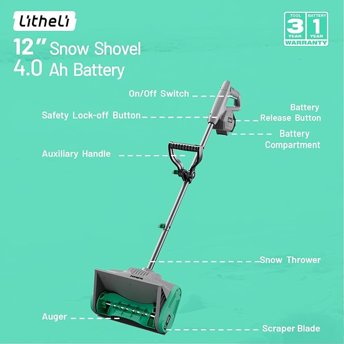 Litheli Cordless Snow Shovel, 20V 12'' Electric Snow Blower for Driveway, Battery Powered Snow Thrower, 4.0Ah Battery and Fast Charger Included