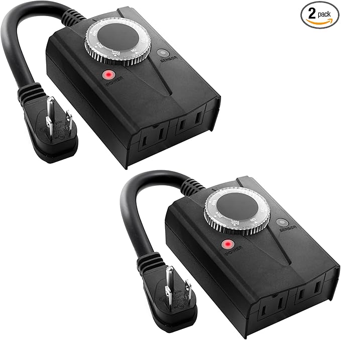 Outdoor Mechanical Light Timer Waterproof, Dusk to Dawn Plug in Timer Switch, Heavy Duty Countdown Electrical Outlets Timers for Halloween Christmas Holiday Lights Decor, 1/2 HP, UL Listed, 2PCS