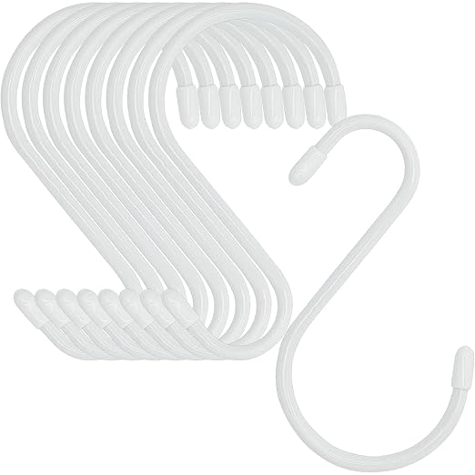 24 Pack 5 Inch White S Hooks, Vinyl Coated with Rubber Stopper Non Slip Heavy Duty, Steel Metal White Rubber Coated Closet S Hooks for Hanging Jeans, Plants, Jewelry, Pot, Pan, Cups, Towels